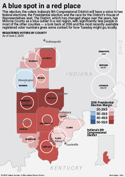 A map of Indiana's 9th Congressional district by voter registration and 2016 results.